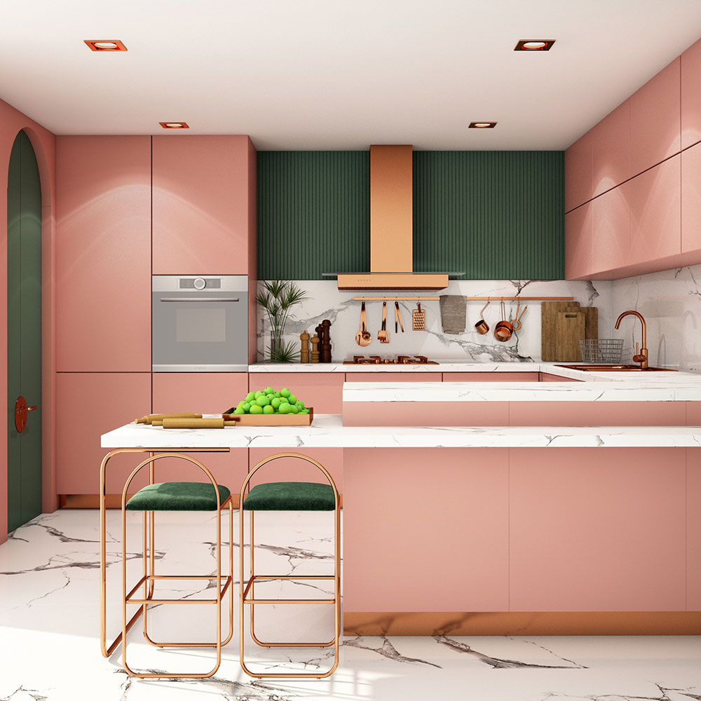 Coral pink kitchen interior