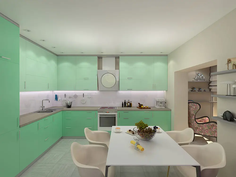 Mint green cabinets