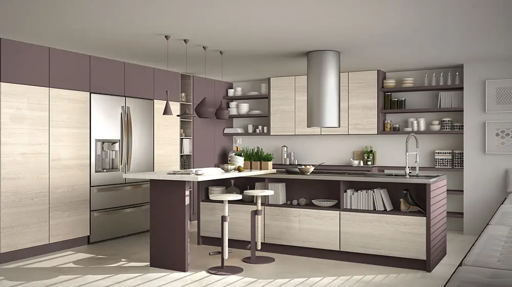 Purple grey minimalistic kitchen