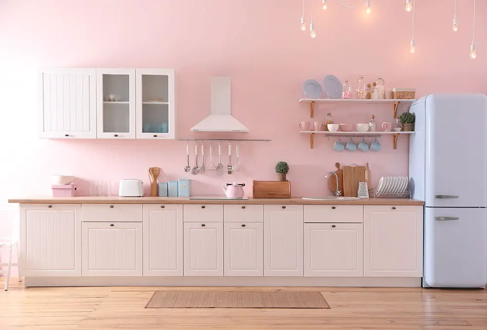 Stylish pale pink kitchen interior