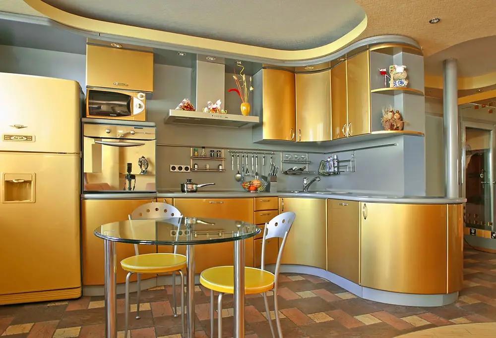 Yellow gold fridge kitchen cabinets
